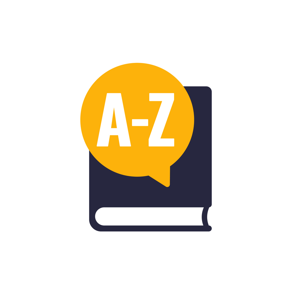 Image of book with A-Z text in a speech bubble graphic